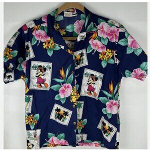 Vintage Barefoot In Paradise Disney Hawaiian Shirt Womens M Floral Mickey Minnie